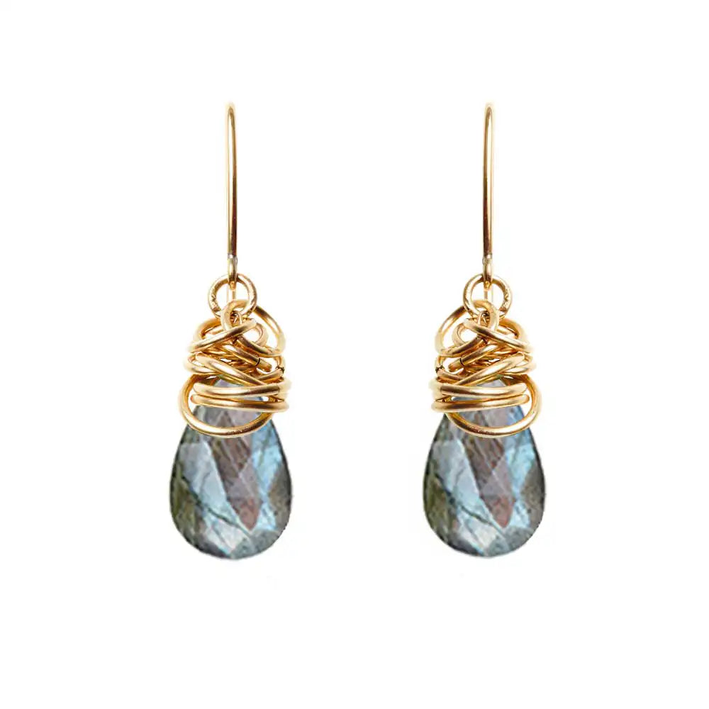 Labradorite dangle earrings in 14K gold-fill, dark gray stone with blue-green flash in warm gold bezel setting