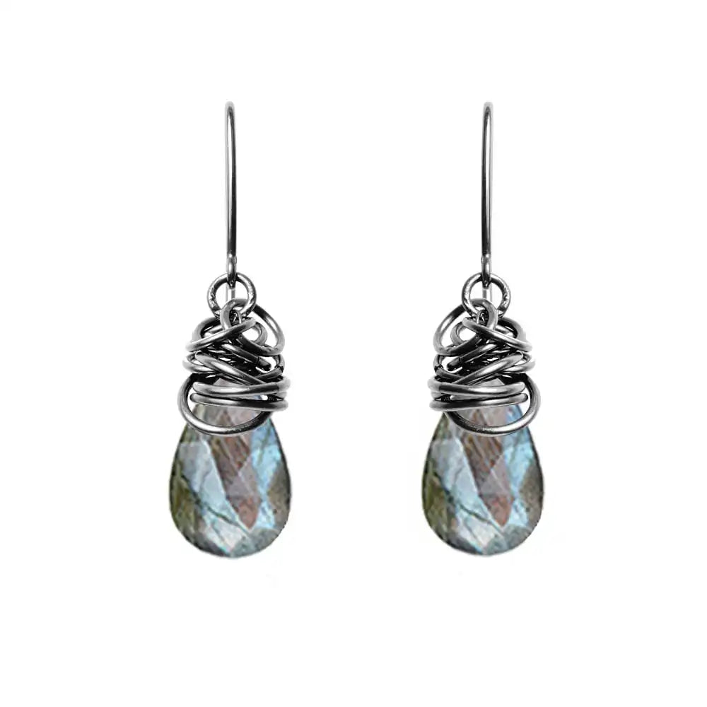 Labradorite dangle earrings in oxidized sterling silver, dark stone with blue flash in dark patina bezel