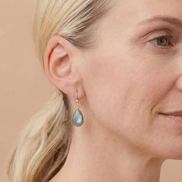 Labradorite Drop earrings shown on model variant--Rose-Gold-fill, variant--Gold-fill, variant--Sterling-silver, variant--14K-yellow-gold, variant--14K-white-gold, variant--Oxidized-sterling-silver,  variant--Labradorite