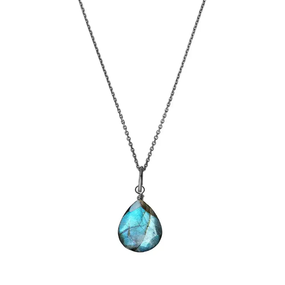 Labradorite drop pendant necklace in oxidized sterling silver, product photography