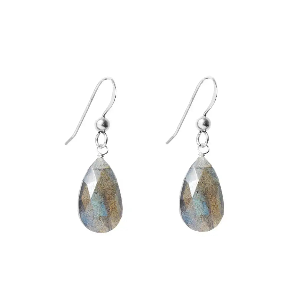 Labradorite drop earrings in 14K white gold, 11mm genuine gemstone with color flash, 1.5-inch drop, handmade in Colorado