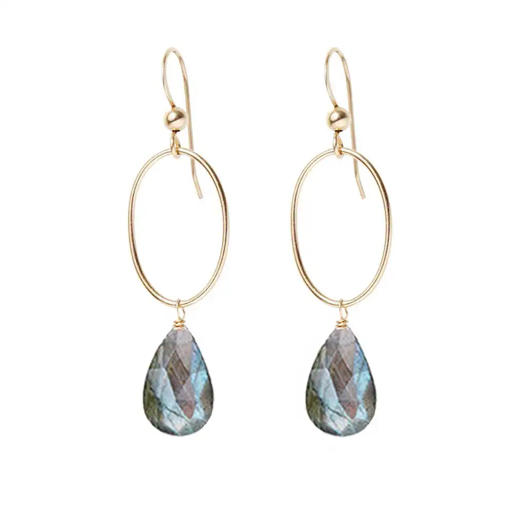 Labradorite gemstone hoop earrings in 14K gold-fill, hand-cut iridescent gray stone, handmade in the USA