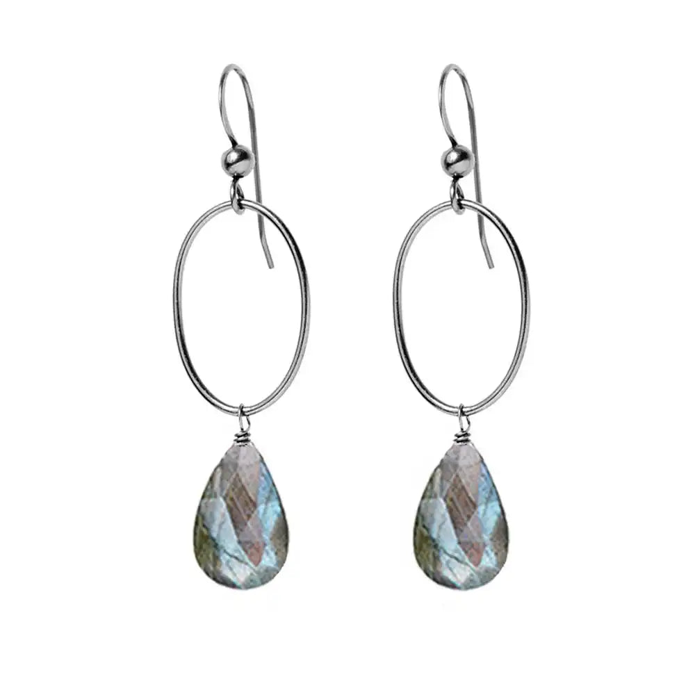 Labradorite gemstone hoop earrings in oxidized silver, hand-cut iridescent gray stone, handmade in the USA