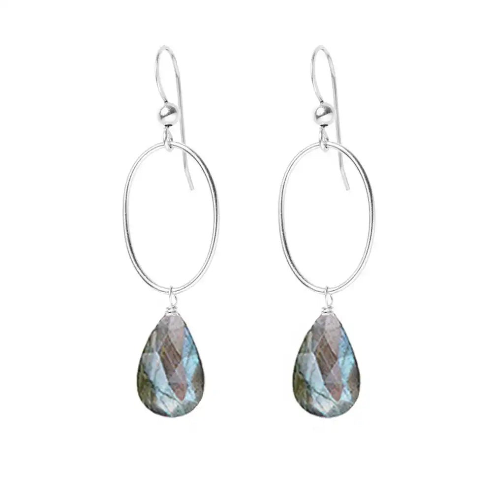 Labradorite gemstone hoop earrings in sterling silver, hand-cut iridescent gray stone, handmade in the USA