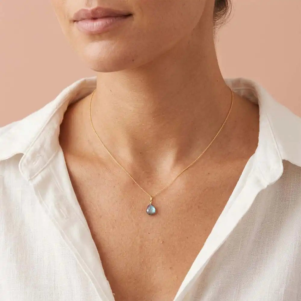 Labradorite drop necklace worn on model, lifestyle portrait