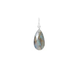 Natural labradorite 11mm briolette charm in sterling silver, flat lay on neutral background variant--Sterling-silver variant--Large