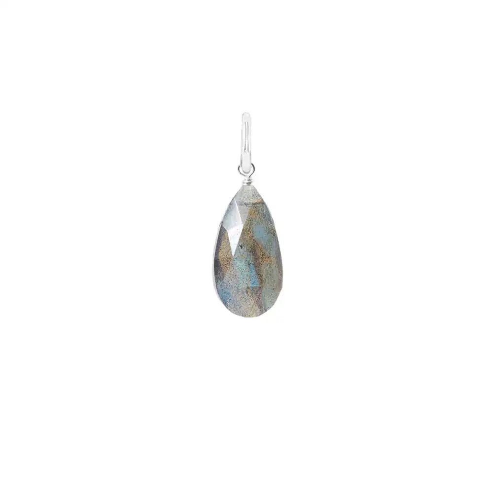 Natural labradorite 11mm briolette charm in sterling silver, flat lay on neutral background