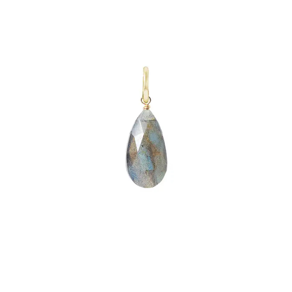 Teardrop-shaped labradorite gemstone in 6mm, wire-wrapped in sterling silver for minimalist styling. variant--Gold-fill variant--Large