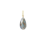 Teardrop-shaped labradorite gemstone in 6mm, wire-wrapped in sterling silver for minimalist styling. variant--Gold-fill variant--Large