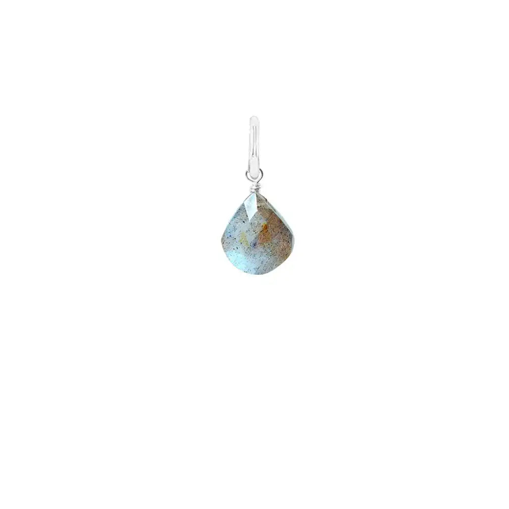 Faceted teardrop charm in labradorite, 12mm, suspended from artisan sterling silver wrap.