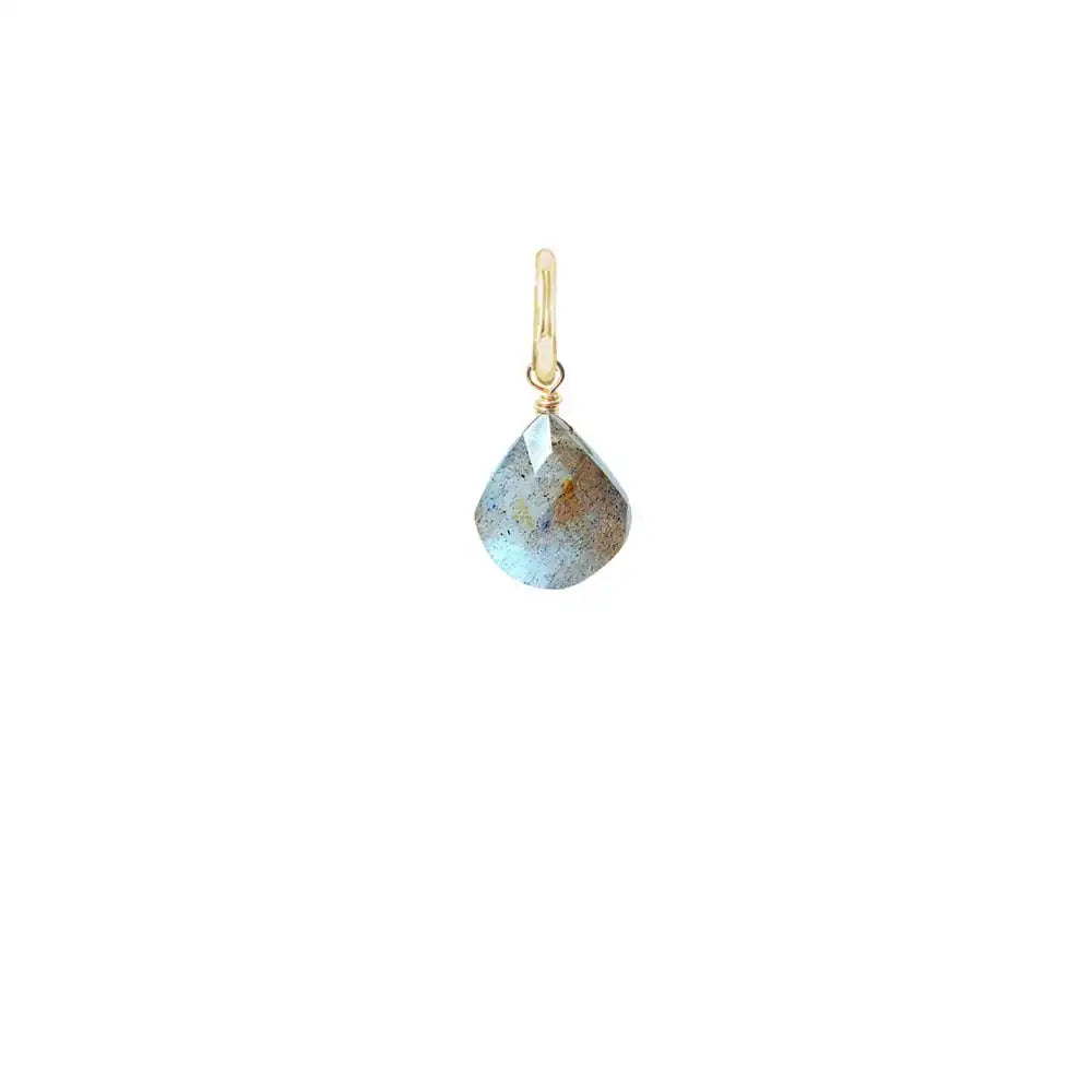 Dainty 12mm briolette charm made from natural labradorite, set in gold-fill for layering.