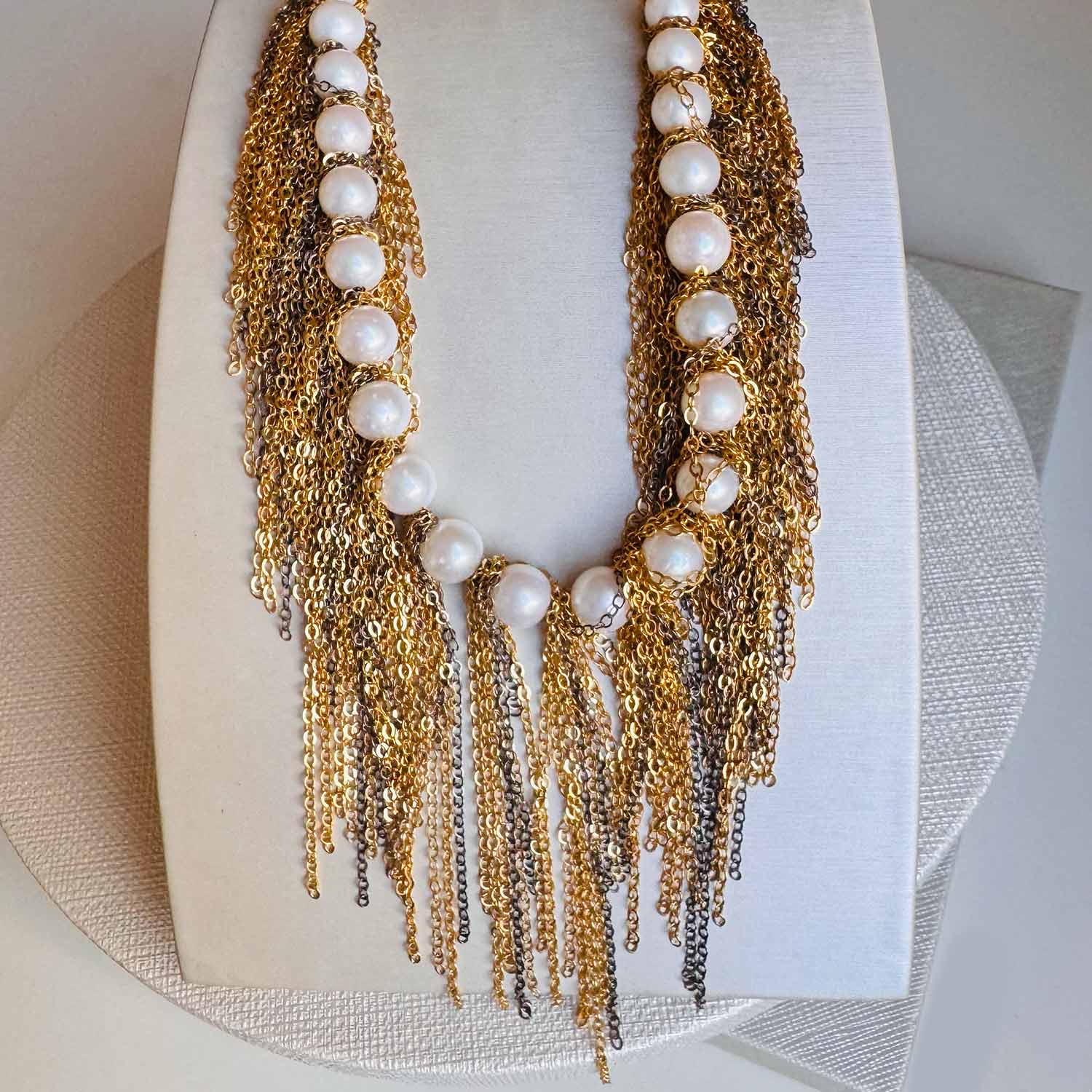 Lillian pearl fringe necklace with Akoya pearls and mixed-metal chain, front view