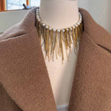 Akoya pearl necklace with gold-fill and oxidized silver fringe, on model