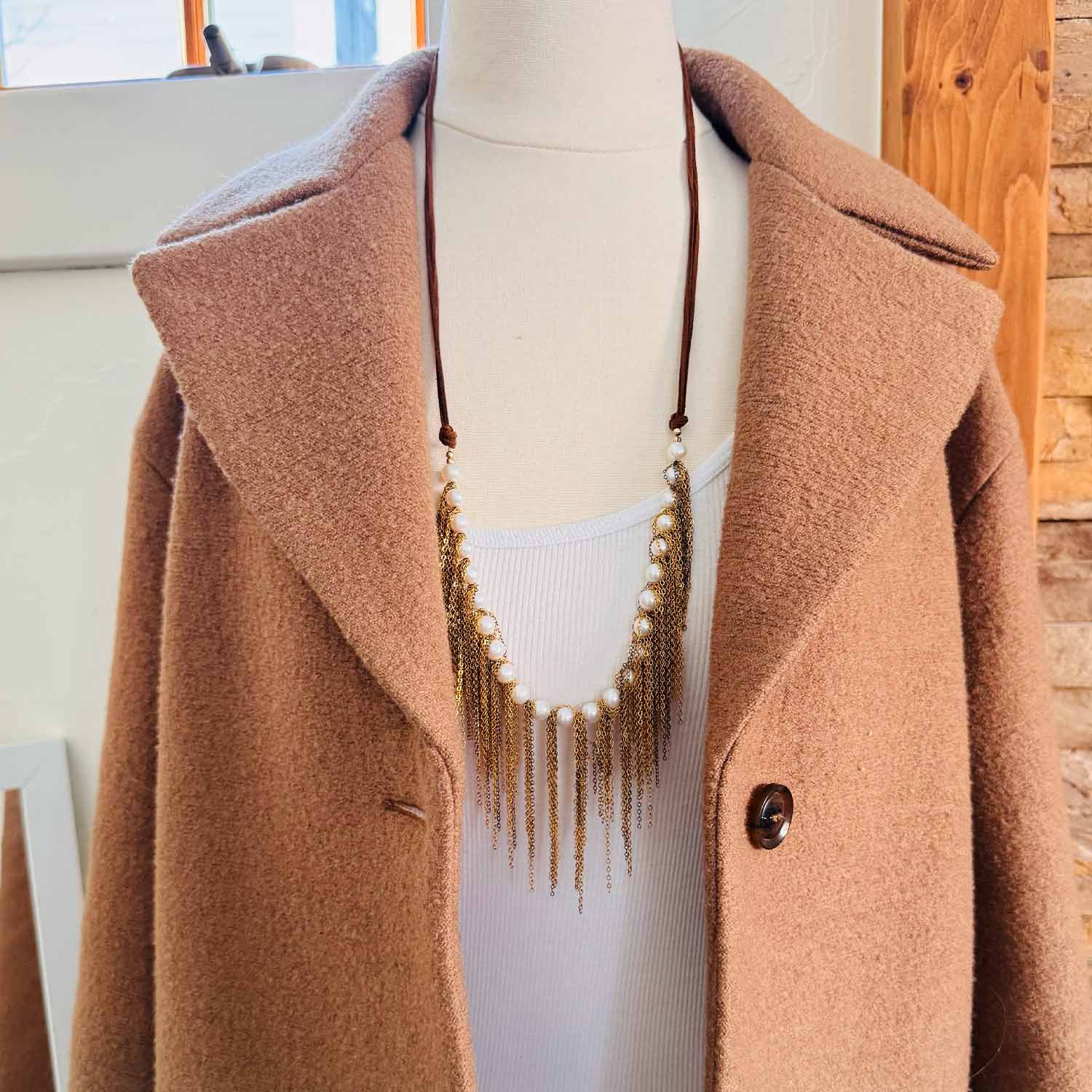 Lillian pearl fringe necklace showing adjustable leather tie clasp