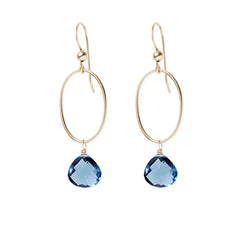 London Blue Topaz gemstone hoop earrings in 14K gold-fill, hand-cut deep teal blue stone, handmade in the USA