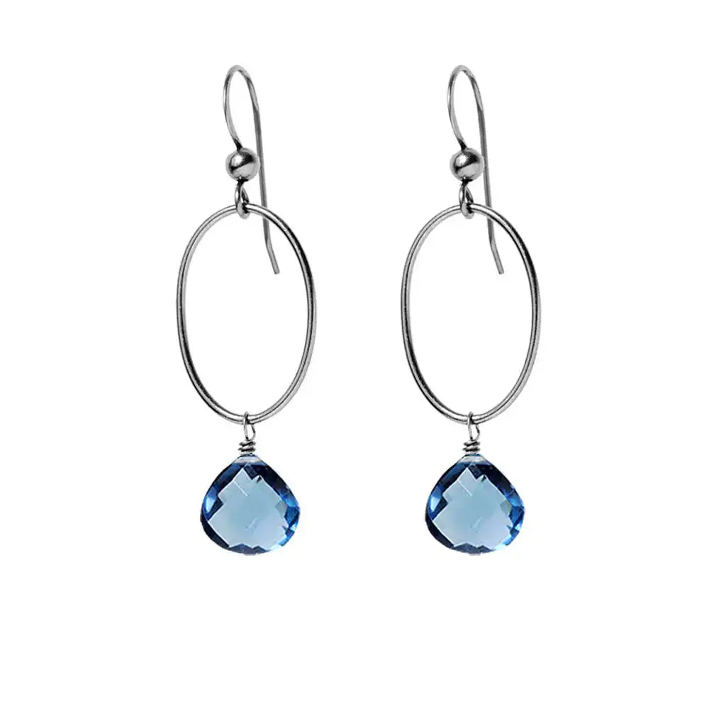 London Blue Topaz gemstone hoop earrings in oxidized silver, hand-cut deep teal blue stone, handmade in the USA variant--Oxidized-sterling-silver