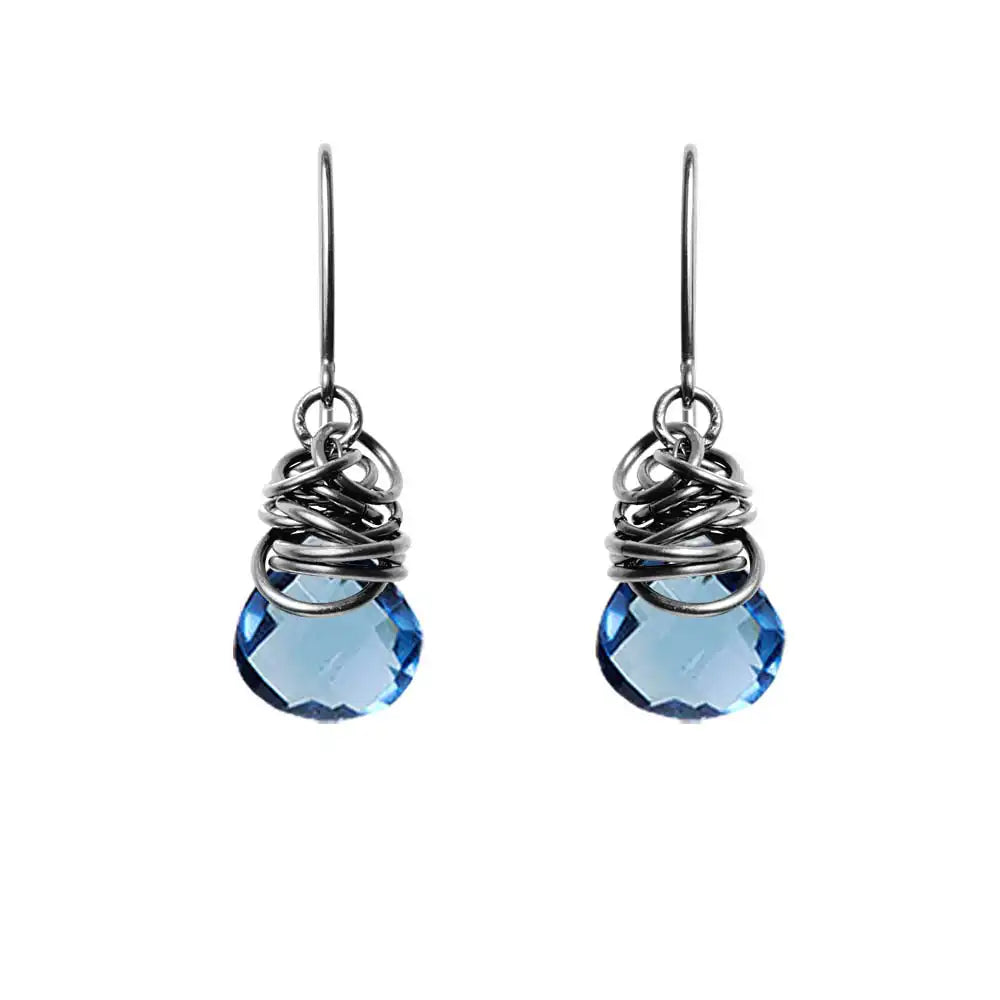 London blue topaz dangle earrings in oxidized sterling silver, dark setting with saturated blue stone variant--Oxidized-sterling-silver