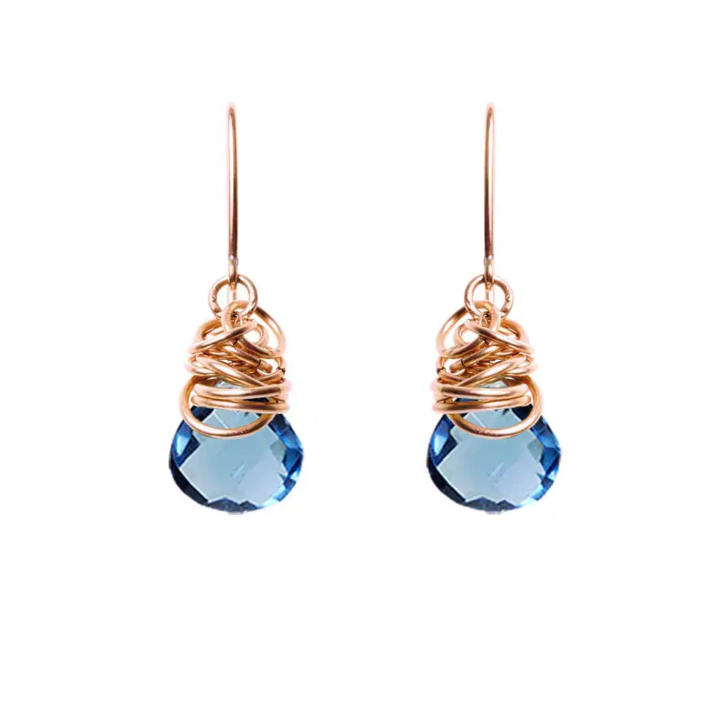 London blue topaz dangle earrings in rose gold-fill, blush metal with deep blue topaz stone variant--Rose-Gold-fill
