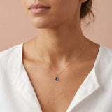 Timeless London blue topaz pendant necklace with understated elegance on model