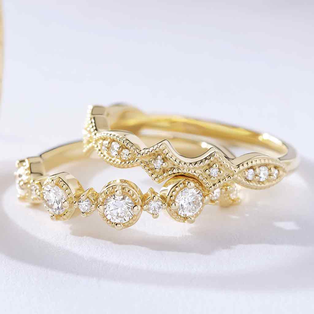 Medallion diamond band in 14K yellow gold with lab-created diamonds, editorial