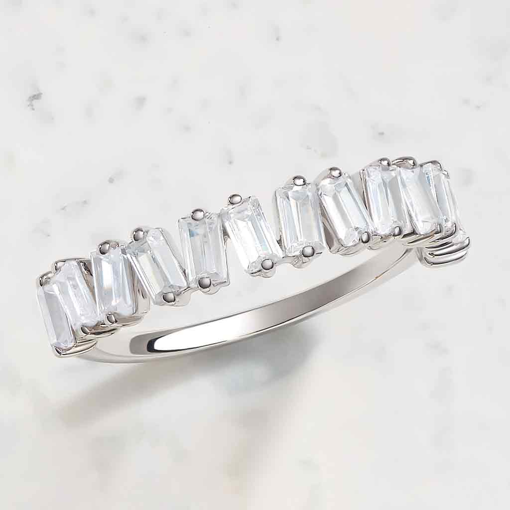Messy baguette diamond band in 14K white gold with lab-created diamonds, editorial