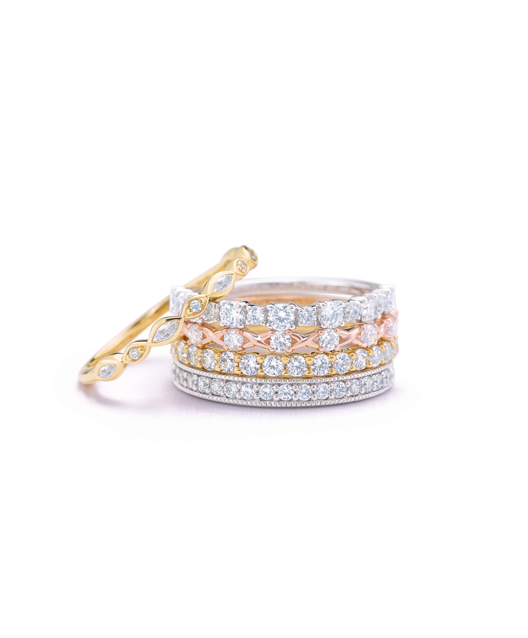 White gold milgrain diamond band stacked with diamond bands