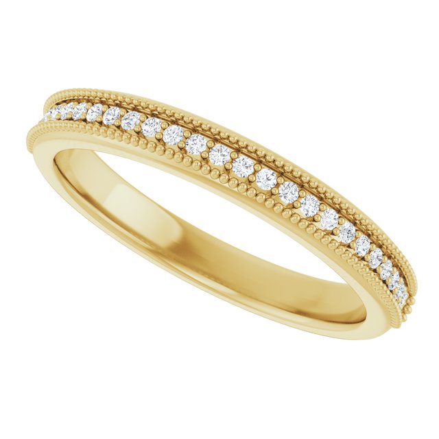 Milgrain diamond anniversary band in 14K yellow gold, front view on white background