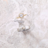 White gold milgrain band styled with mens band and engagement ring