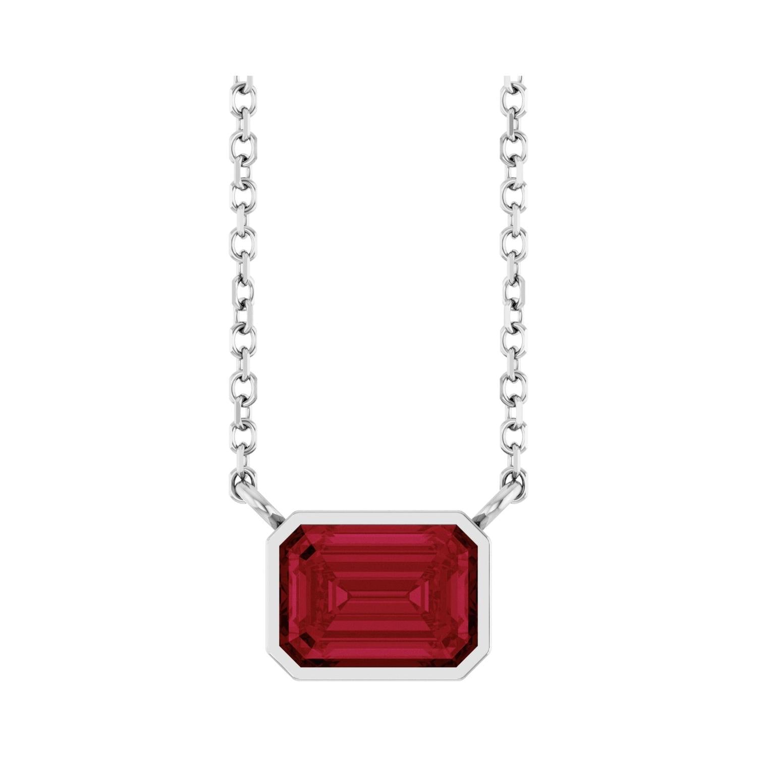 East-west emerald-cut ruby necklace in sterling silver on a delicate 18-inch chain variant--Ruby variant--Sterling-silver variant--14K-white-gold