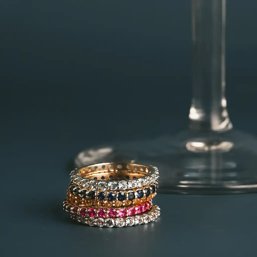 Stacked gemstone eternity bands handmade in the US