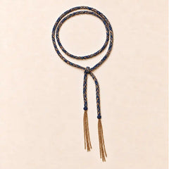 Navy braided chain and silk lariat necklace in 14K gold-fill, flat lay