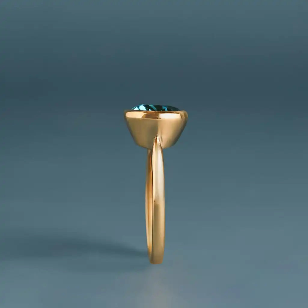 London blue topaz ring side view showing east-west oval stone depth in yellow gold