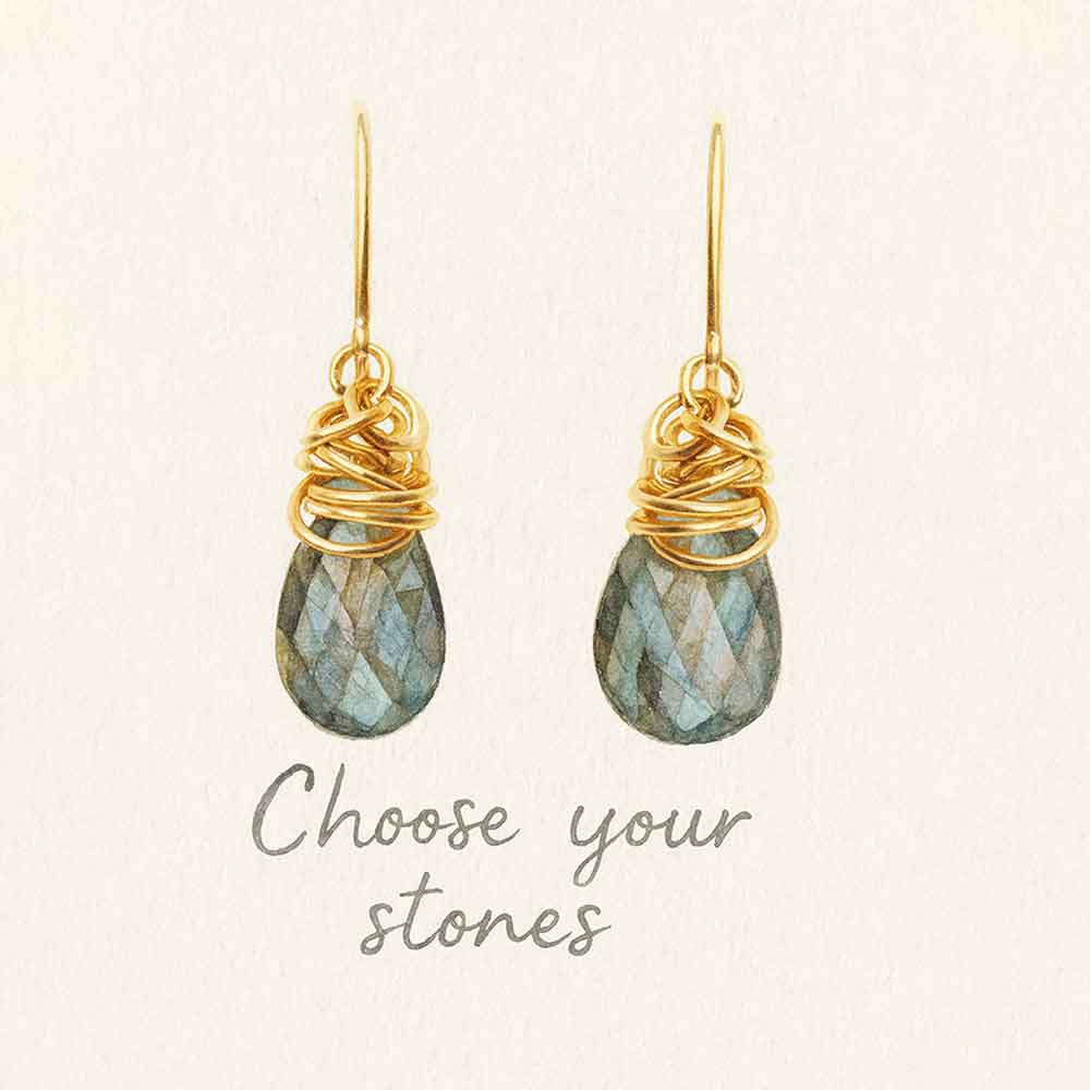 Paisley dangle earring design tool showing gemstone and metal selection options.