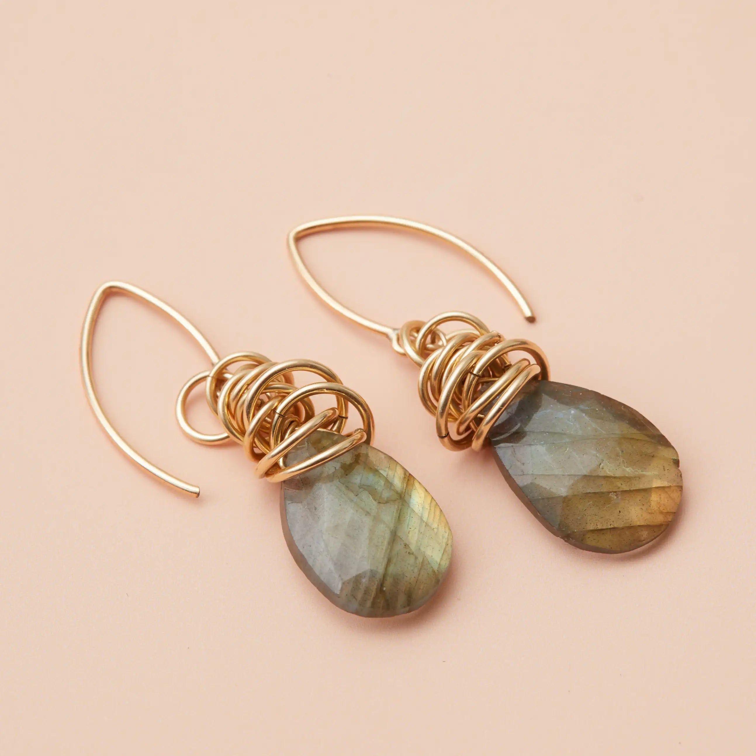 Labradorite dangle earrings product shot, genuine dark stone showing blue-green labradorescence in bezel setting