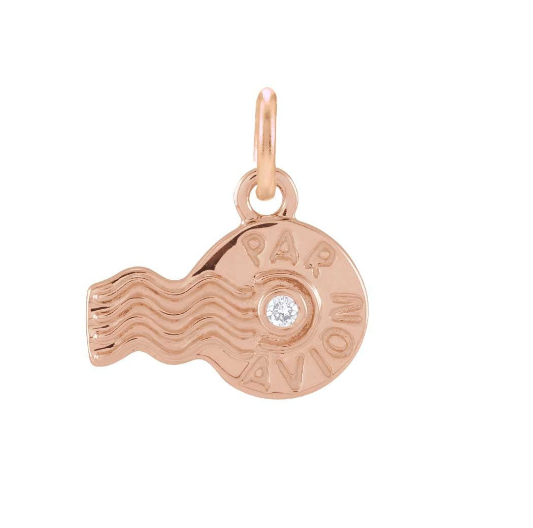 Tiny diamond par avion stamp charm in 14K gold, front view variant--14K-rose-gold
