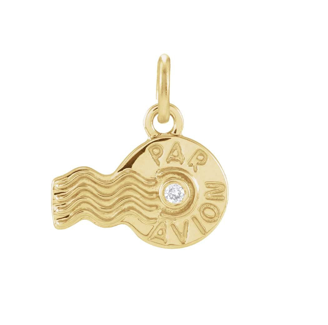 Tiny diamond par avion stamp charm in 14K gold, front view variant--14K-yellow-gold