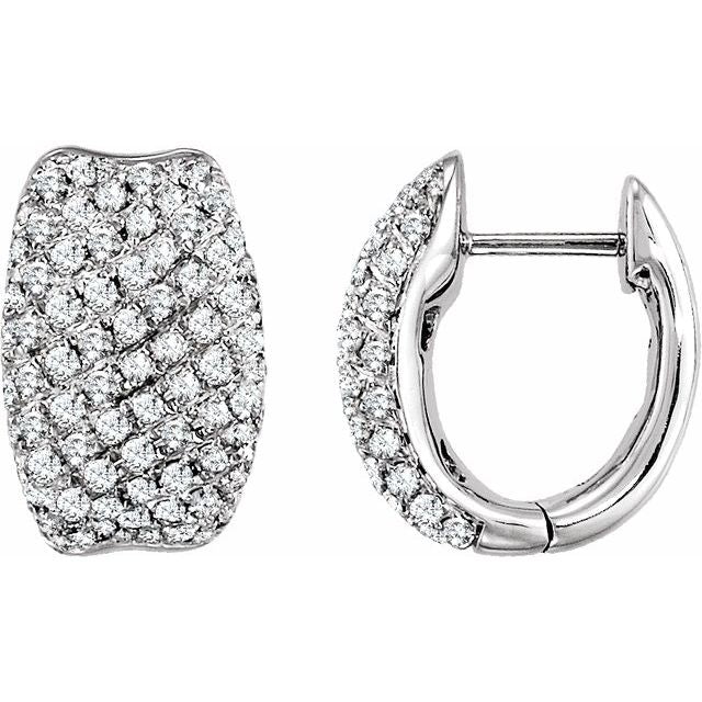Side profile of 14K white gold pavé diamond huggie hoop showing thickness and curve