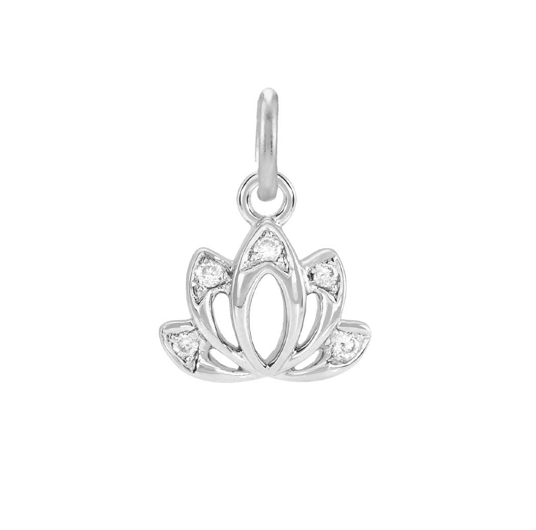 Diamond pavé lotus charm in 14K white gold, front view variant--14K-white-gold