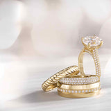 Yellow gold stackable diamond pavé ring stacked with other