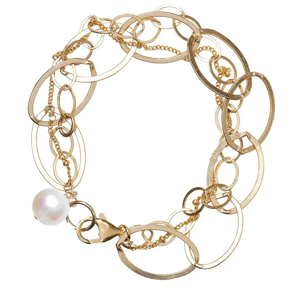 Natural pearl woven chain bracelet in 14K gold-fill, close-up of setting in sterling silver