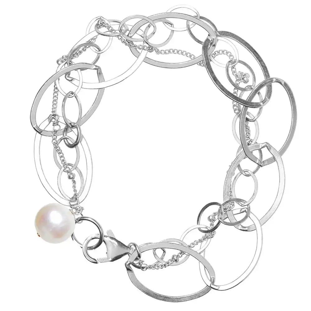 Natural pearl woven chain bracelet in sterling silver, side view detail