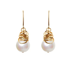 Pearl dangle earrings in 14K gold-fill, warm gold bezel setting with luminous white pearl variant--Gold-fill variant--Pearl