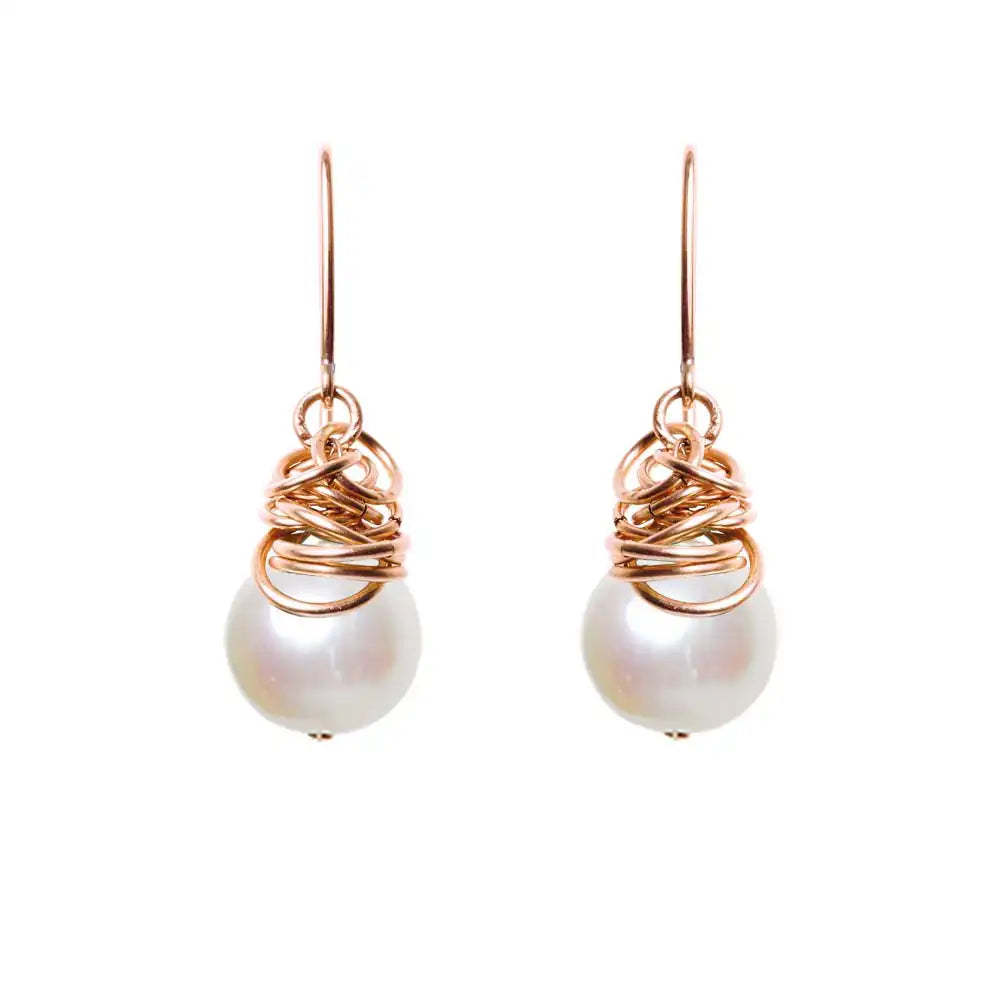 Pearl dangle earrings in rose gold-fill, blush metal setting with iridescent white pearl