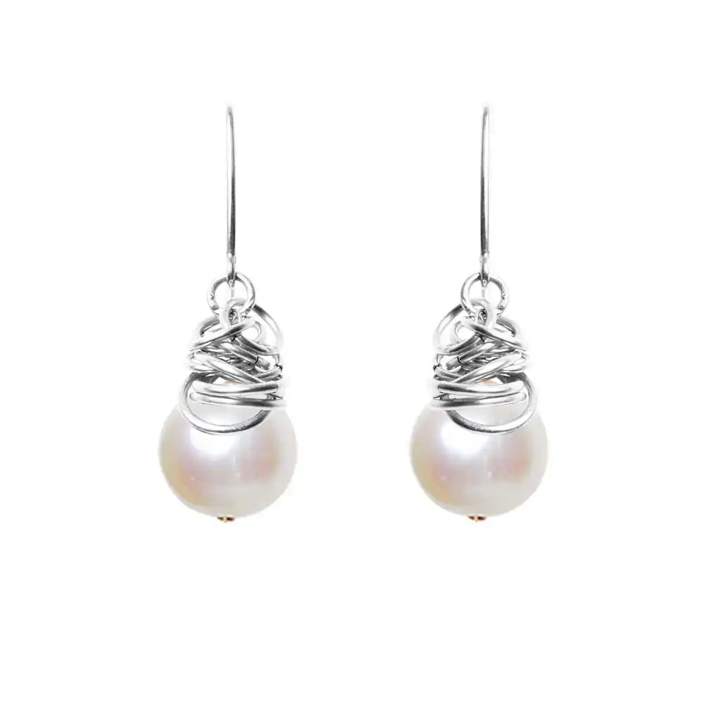 Pearl dangle earrings in sterling silver, minimalist silver bezel with classic white pearl