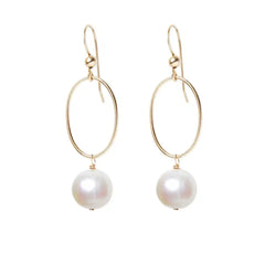 Pearl gemstone hoop earrings in 14K gold-fill, hand-cut luminous white stone, handmade in the USA