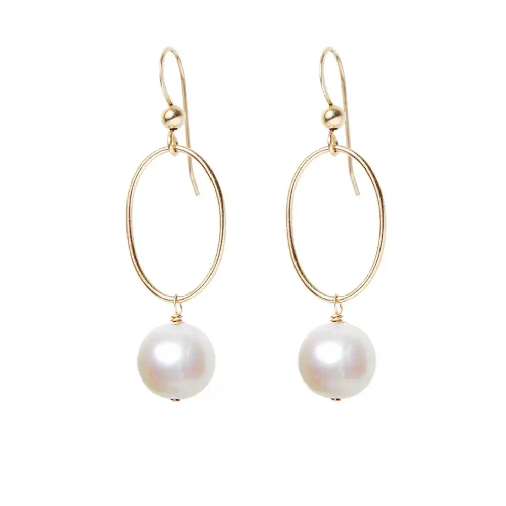 Pearl gemstone hoop earrings in 14K gold-fill, hand-cut luminous white stone, handmade in the USA