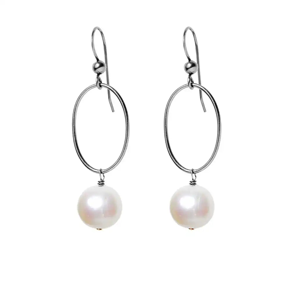 Pearl gemstone hoop earrings in oxidized silver, hand-cut luminous white stone, handmade in the USA variant--Oxidized-sterling-silver
