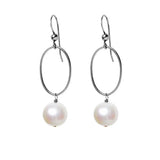 Pearl gemstone hoop earrings in oxidized silver, hand-cut luminous white stone, handmade in the USA variant--Oxidized-sterling-silver