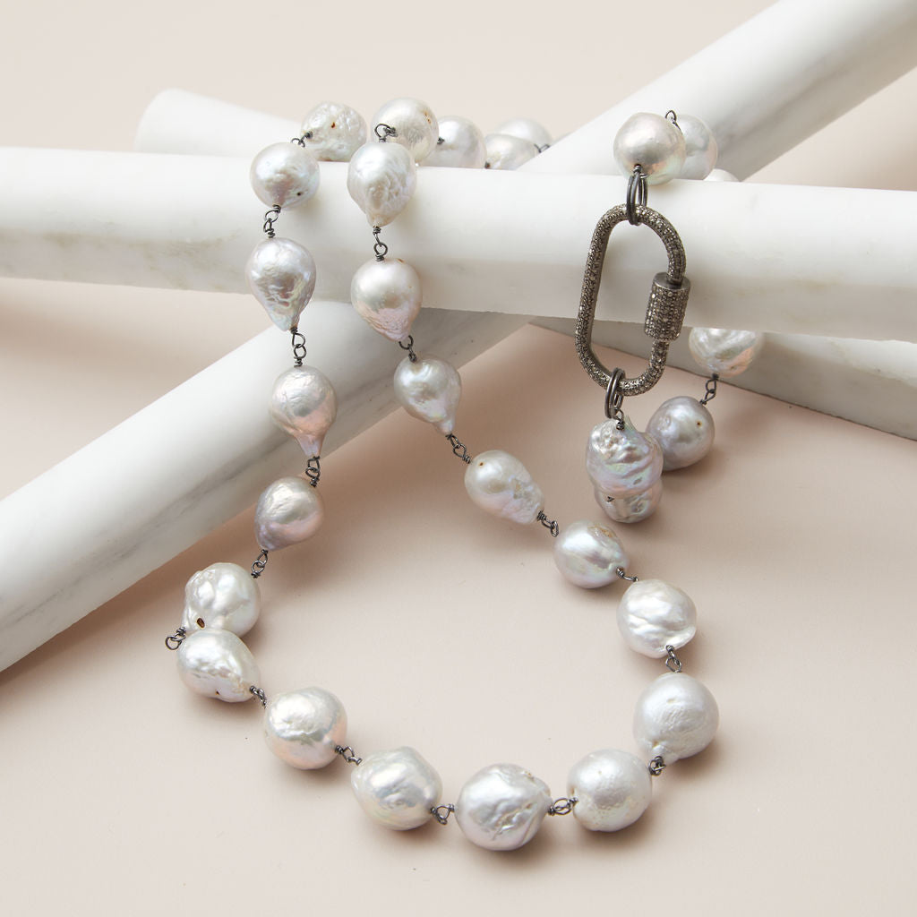 Pearl rope necklace with oxidized sterling silver clasp