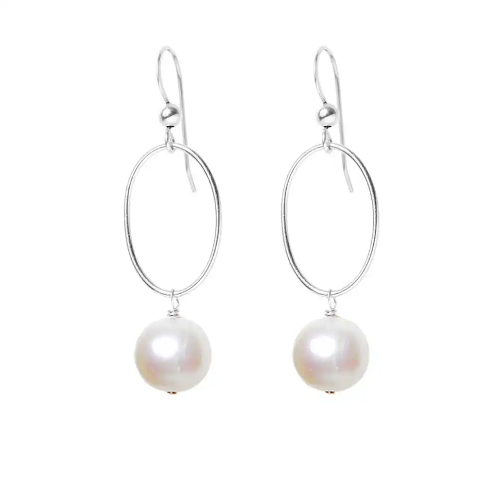 Pearl gemstone hoop earrings in sterling silver, hand-cut luminous white stone, handmade in the USA